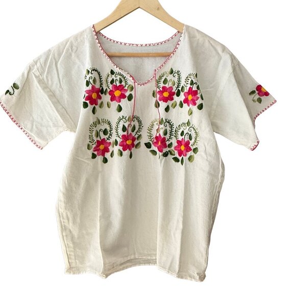 Handmade Tops - Hand Embroidered Mexican Short Sleeve White & Floral Blouse